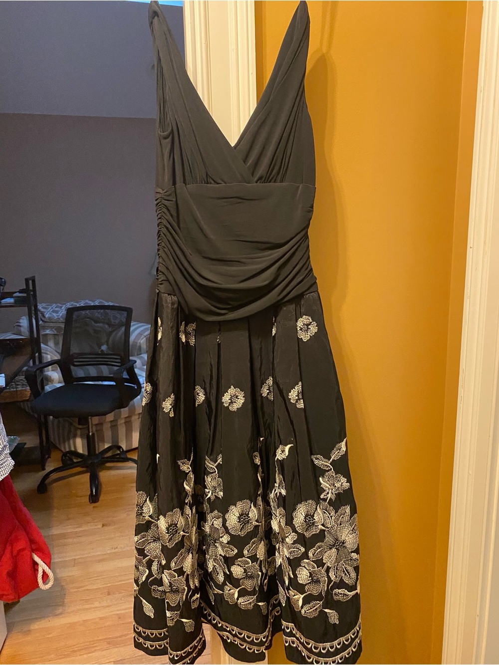 SL Fashions Black V-Neck Midi Dress with Ivory Floral Embroidery